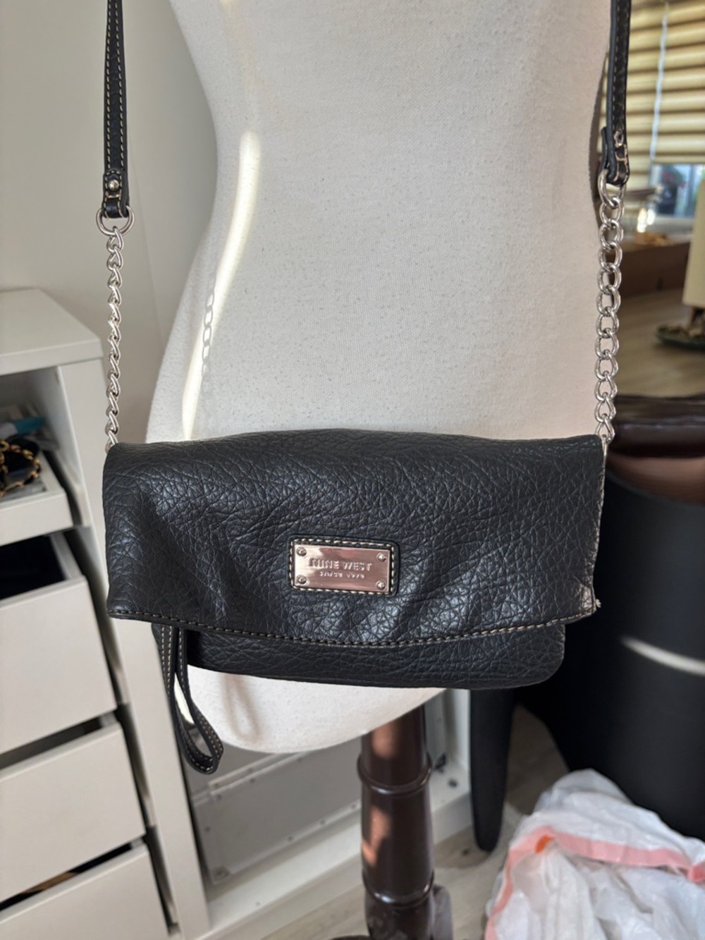 Nine West Black Leather Crossbody with Silver Chain